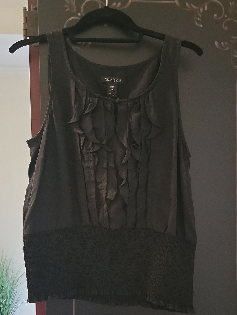 White House Black Market Black Ruffle Front Sleeveless Top